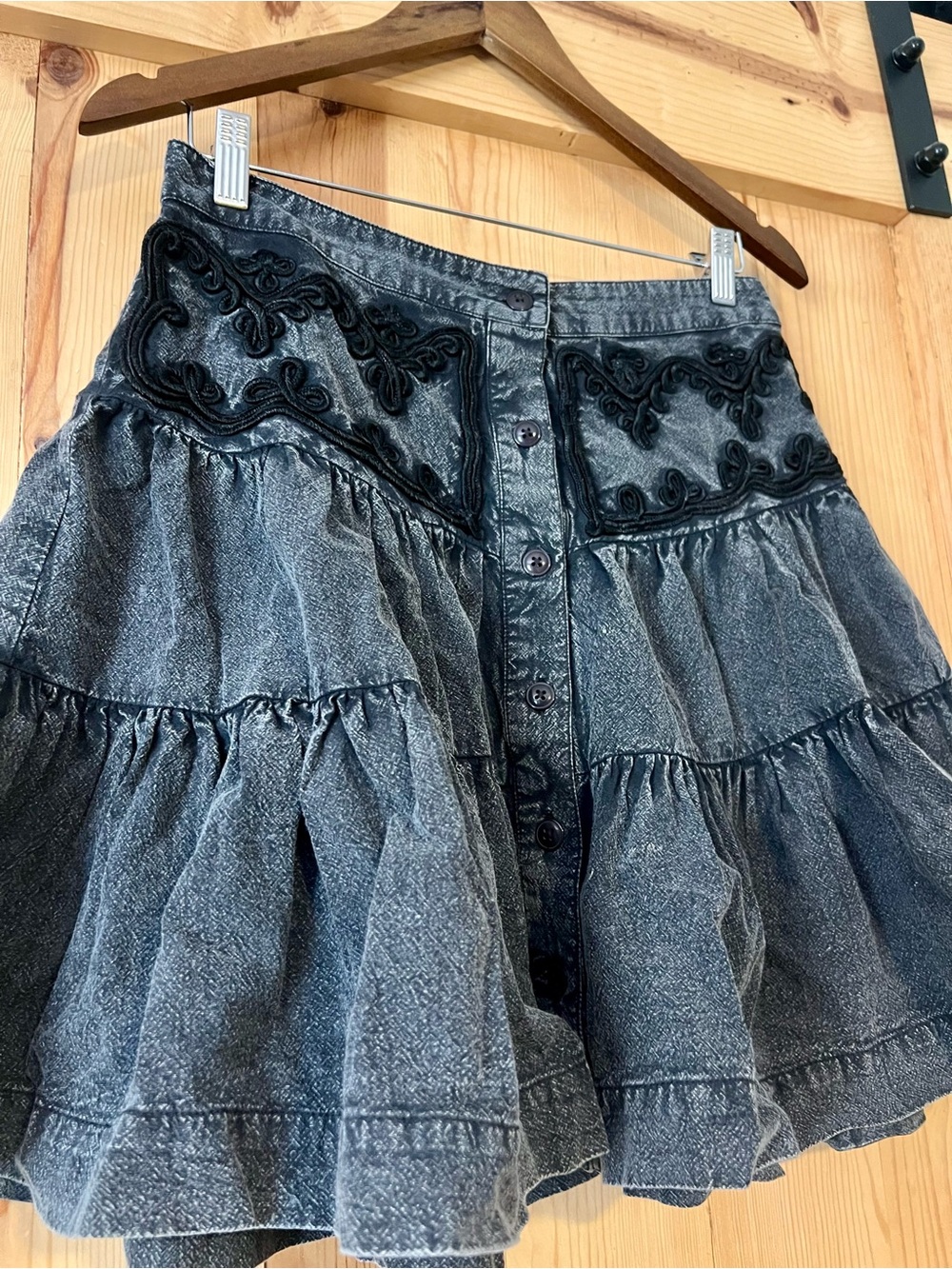 Free People Washed Black Tiered Button-Front Skirt with Embroidered Waist